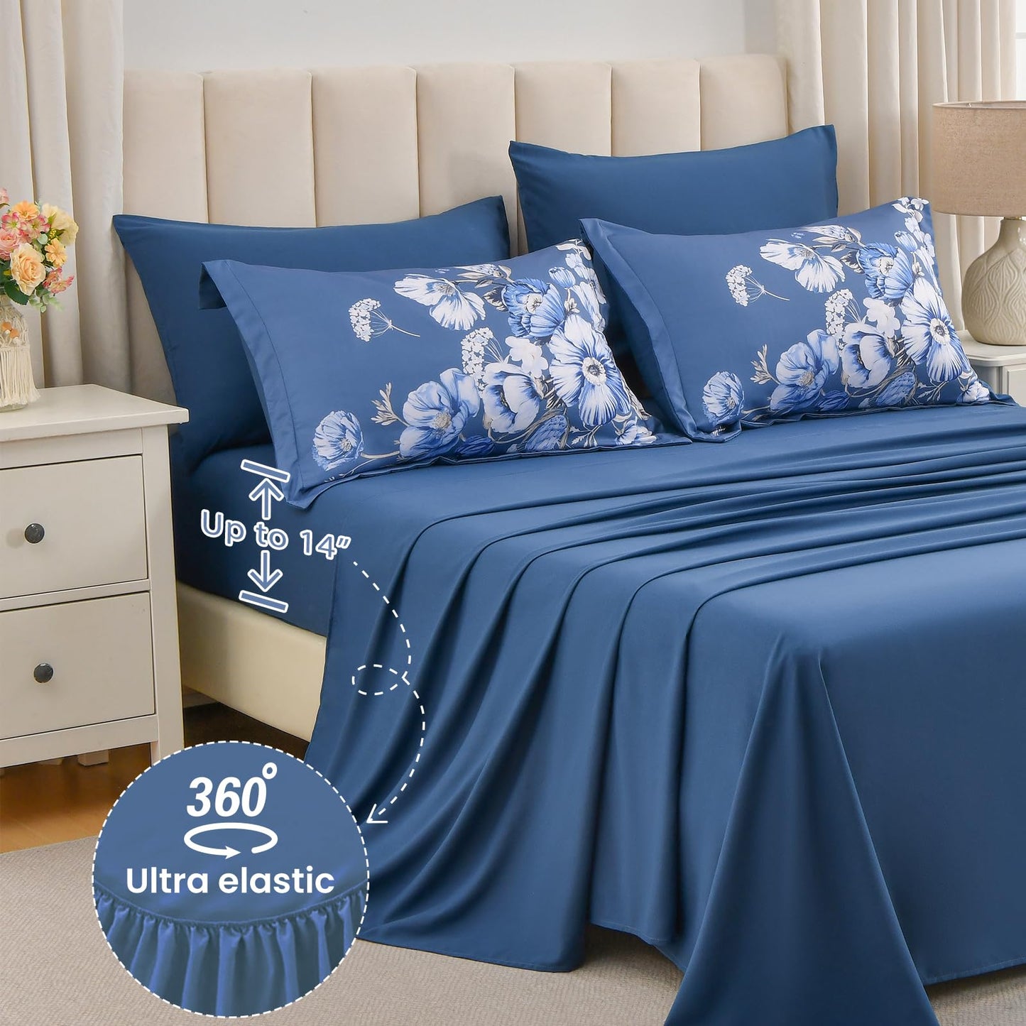 LLDSYW Queen Comforter Set - 7 Pieces Bed in a Bag Blue Floral Queen Comforter Set with Sheets, Soft Microfiber Flower Complete Bedding Set for All Seasons（Blue,90"x90"）