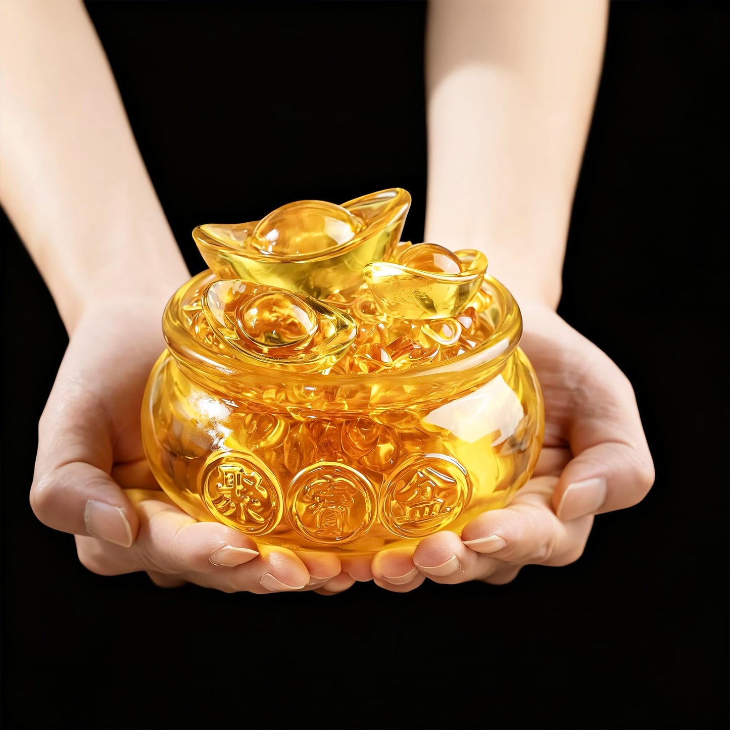 YU FENG 4.7'' Crystal Glass Wealth Bowl with Gold Ingots, Large Wealth Symbol Decor, Prosperity Ornament, Lucky Gift for Home Office Desk Decoration