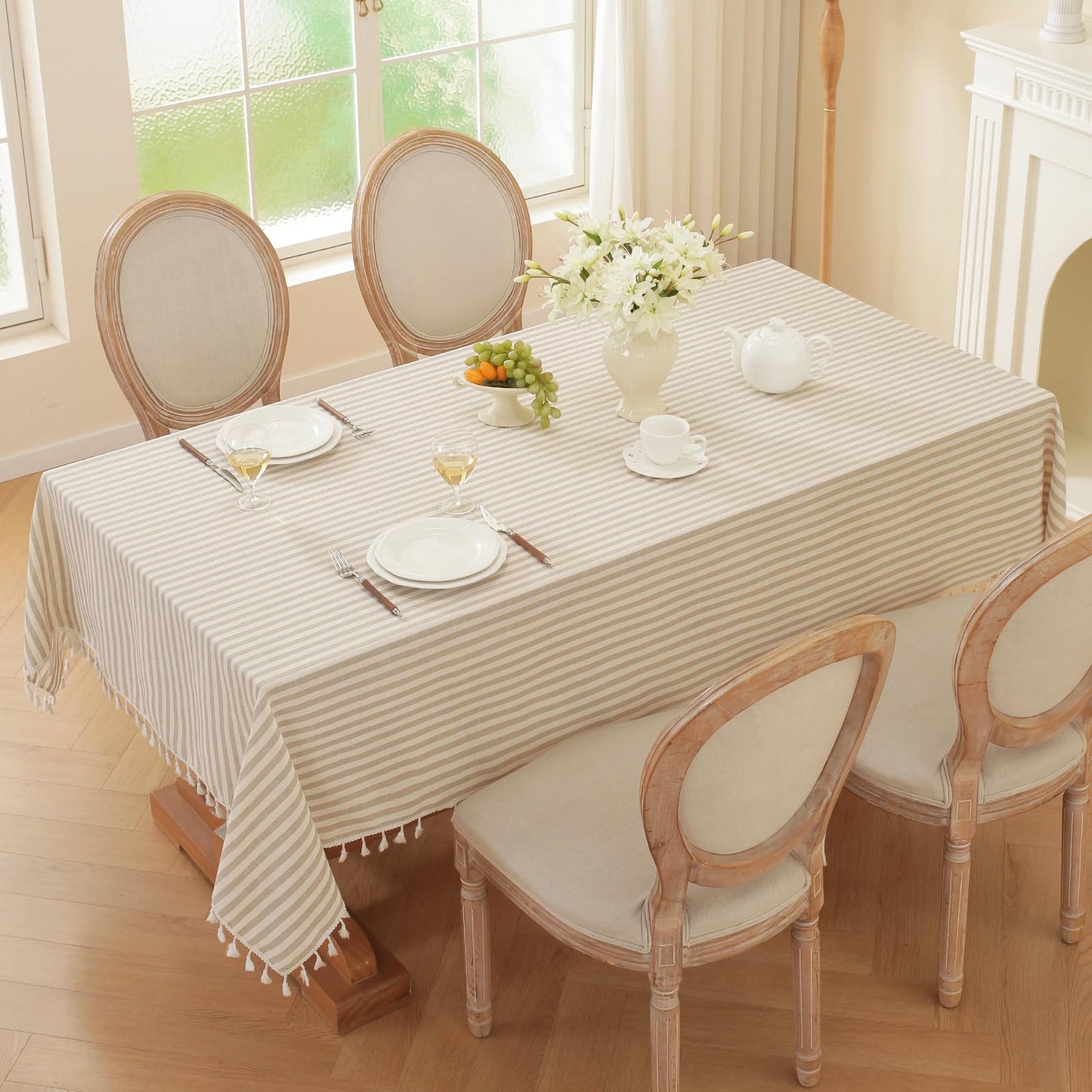 Laolitou Beige Striped Table Cloth Square Table Wrinkle Resistant Cotton Linen Tablecloth Washable Table Cover for Dining Kitchen,Beige and White,55"X55"