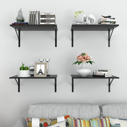 Deep Floating Wall Shelves - 4 Sets of 12 Inch Wide Black Wood Shelves for Bathroom, Bedroom, Kitchen, Living Room
