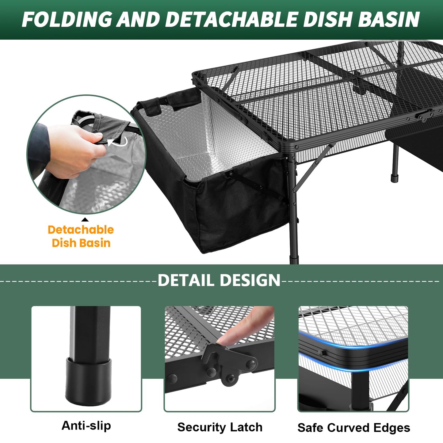 WildFinder Portable Folding Grill Table with Sink for Outdoor, Lightweight Aluminum Frame Folding Grill Stand Picnic Table Camping Cooking BBQ, RV Picnic,2 Heights Adjustable(Black)