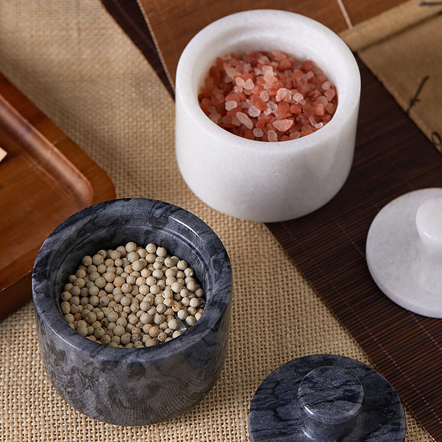 Aturalux Marble Salt Cellar with Lid & Spoon, 3" Black Salt Container for Countertop, Spice Jar, Stone Storage Box for Kitchen and Bathroom
