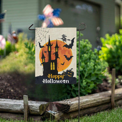Wamika Autumn Scary Halloween Burlap Welcome Garden Flag Double Sided 28x 40 Inch,Fall Castle Moon Large Seasonal House Yard Flags for Outside Farmhouse Outdoor Holiday Home Decor Decoration
