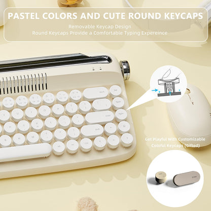 YUNZII Upgraded Wireless Typewriter Keyboard,with Retro Integrated Stand,USB-C/Bluetooth,Cute Round Keycaps, USB-C/Bluetooth Connection for Table, Phone, PC and Win/Mac/Android (B309, Baby Pink)