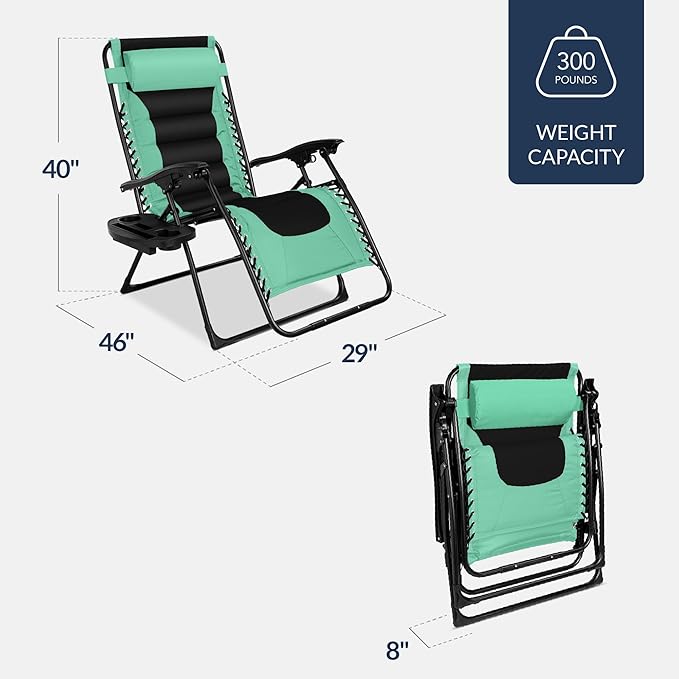 Best Choice Products Oversized Padded Zero Gravity Chair, Folding Outdoor Patio Recliner, XL Anti Gravity Lounger for Backyard w/Headrest, Cup Holder, Side Tray, Polyester Mesh - Green/Black