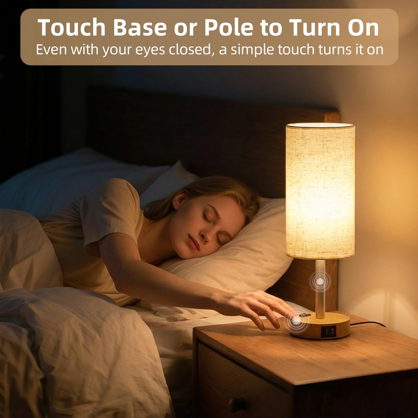 Fitfull Table Lamp for Nightstand, High-Sensitivity Touch, 3-Level Dimmable Bedside Lamp with AC Outlet | USB | and USB-C, Ideal Night Stand Lamp for Bedroom, Reading, Living Room(Warm&Wooden)