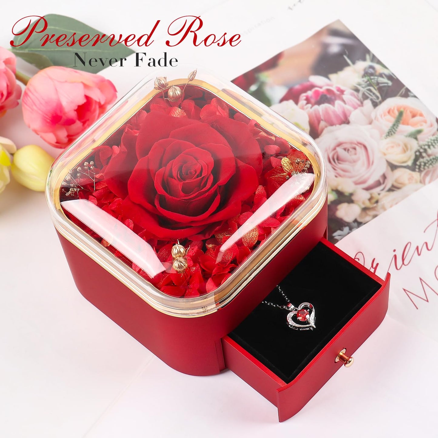Beferr Valentines Day Gifts for Her Preserved Real Rose with Necklace Eternal Roses Forever Flowers for Delivery Prime Mothers Anniversary Birthday Gifts for Women Mom Grandma Wife Daughter Girlfriend