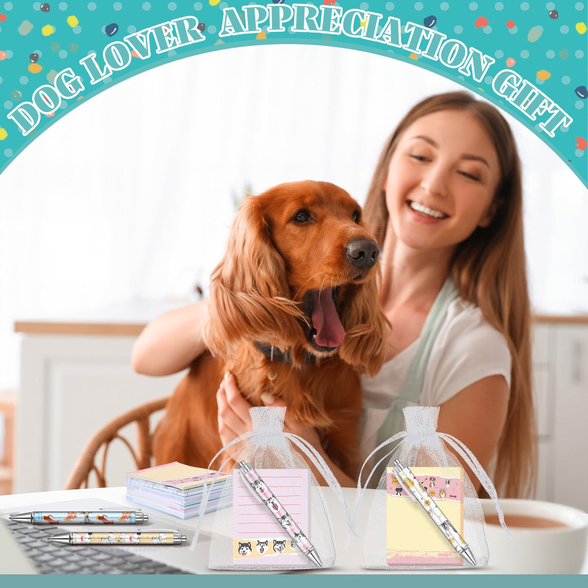 Moinchore 90 Pcs Employee Appreciation Gifts Set 30 Pcs Inspirational Sticky Notes 30 Motivational Ballpoint Pens 30 Mesh Bags Thank You Christian Gifts for Nurse Teacher Coworker(Dog)
