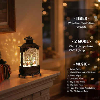 Lffital Christmas Snow Globes Lantern, Lighted Christmas Decorations Indoor for Home with Music Timer Glitter, Forest House Scene Musical Snowglobe Festival Gifts, USB & Battery Operated