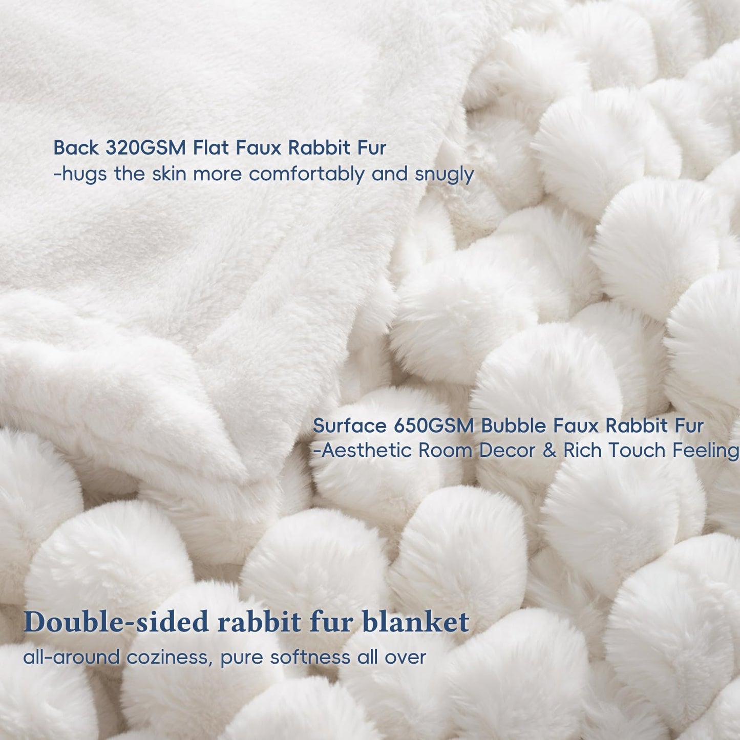 David's Home Double-Sided Faux Rabbit Fur Throw Blanket, Reversible Luxury Soft Thick Shaggy Warm Fuzzy Bubble for Couch, Bed, Cozy Plush Fluffy Decor for Fall Winter,Snow White,50 "* 60"
