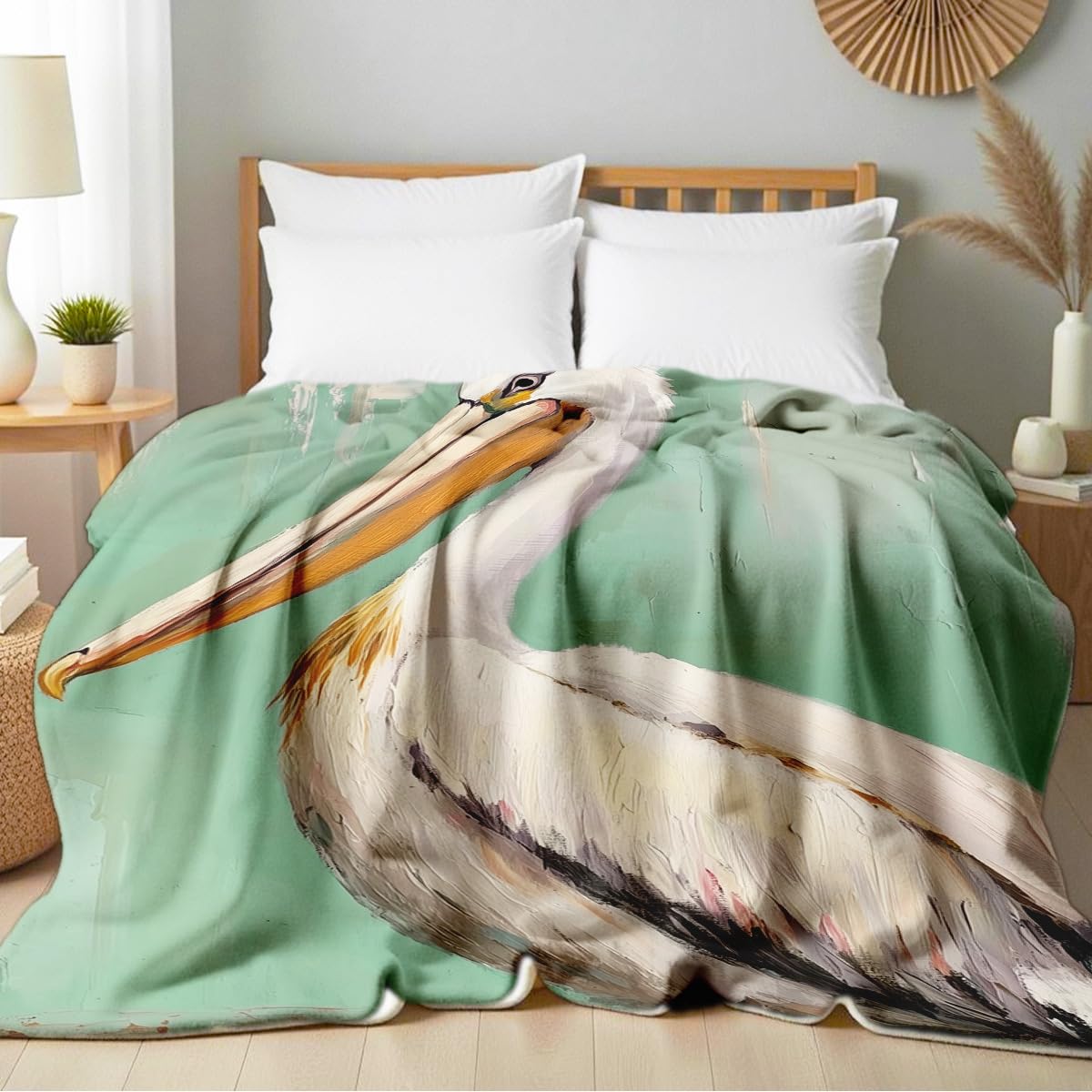 HUNXIAOJ Pelican Throw Blanket for Couch Bed Coastal Bird Print Flannel Blanket Soft Warm Beach Themed Animal Throw for Bedroom Home Decor Pelican Gifts (49"x59")
