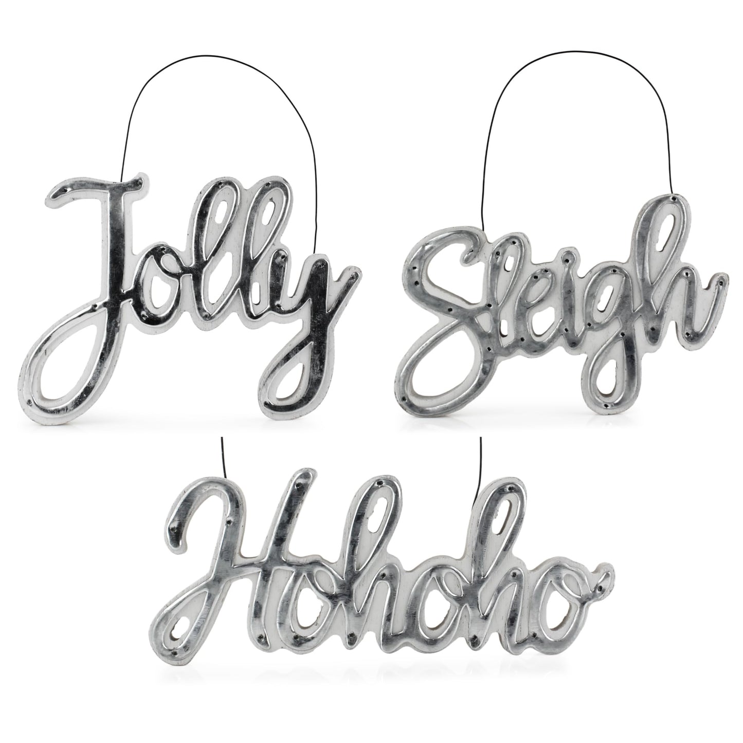 AuldHome Design Large Farmhouse Christmas Word Art Ornaments in Galvanized Rustic Tin Script w/Jolly, Sleigh and Hohoho, (Set of 3 7-Inch Signs)