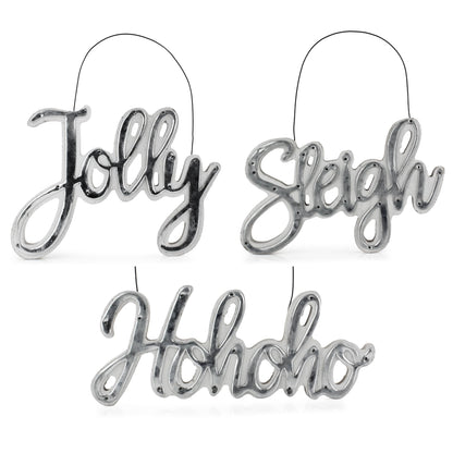 AuldHome Design Large Farmhouse Christmas Word Art Ornaments in Galvanized Rustic Tin Script w/Jolly, Sleigh and Hohoho, (Set of 3 7-Inch Signs)