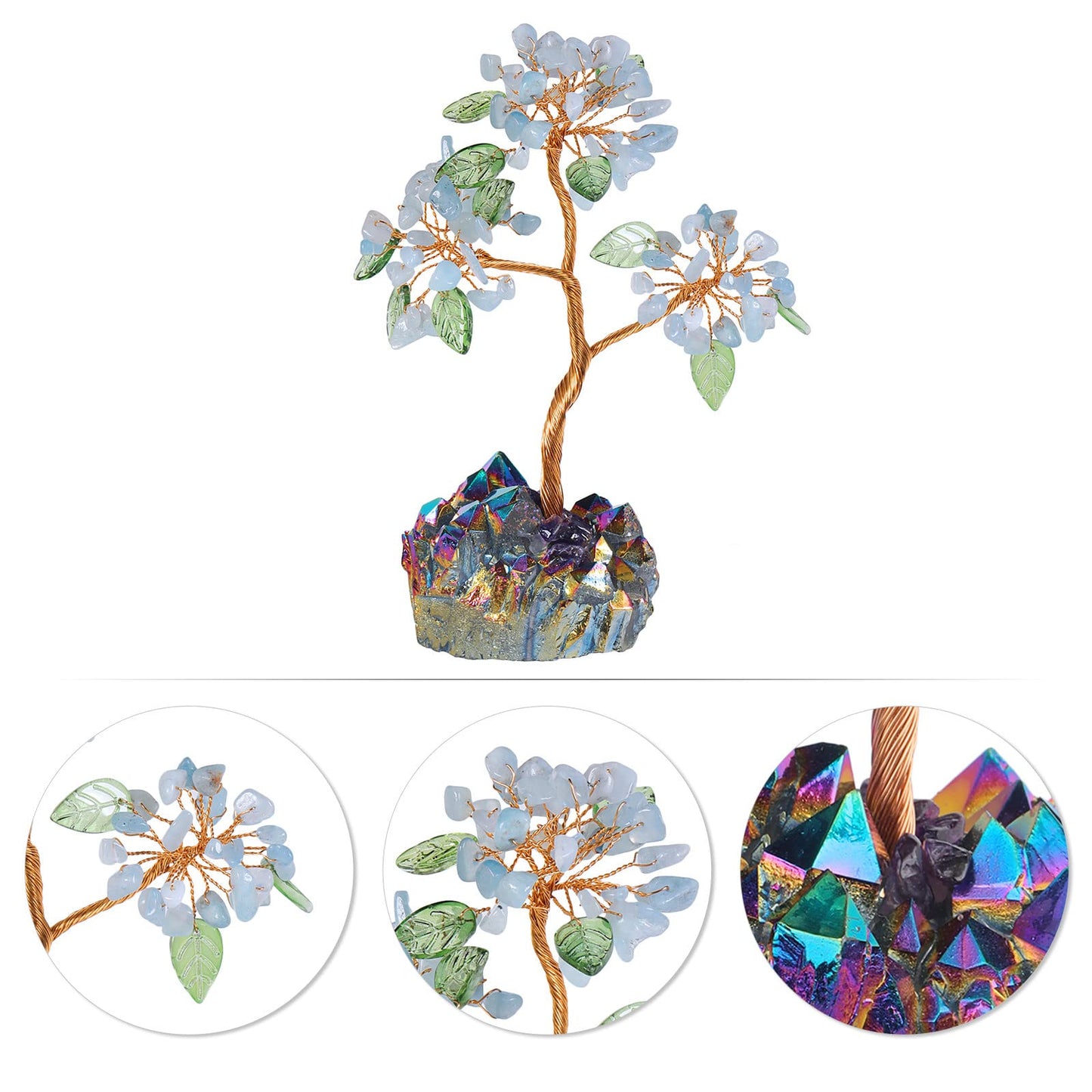 Rockcloud Crystal Money Tree with Titanium Coated Cluster Base, Raw Stone Bonsai Tree for Reiki Healing Office Home Feng Shui Decor, Blue