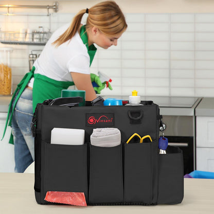 Vinsani Cleaning Caddy Multifunctional Storage Organiser Bag with Handle and Adjustable Waist and Shoulder Straps for Cleaning Supplies, Home, Craft, Car and Garden Tool Kit – Large Black