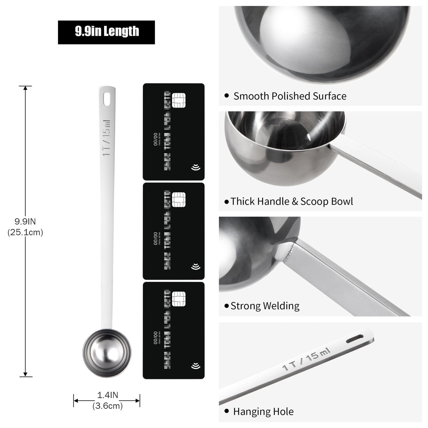 18/8 Stainless Steel Coffee Scoop, Doosu Food-Grade Metal Measuring Spoon with 8.5in Long Handle, Tablespoon Scooper for Coffee Beans, Ground Coffee, Espresso, Protein Powders, Tea, Sugar (1 Tbsp)