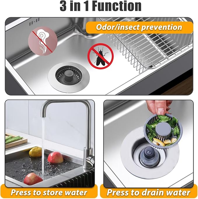 Kitchen Sink Drain Strainer, 3 in 1 Pop Up Kitchen Sink Stopper,