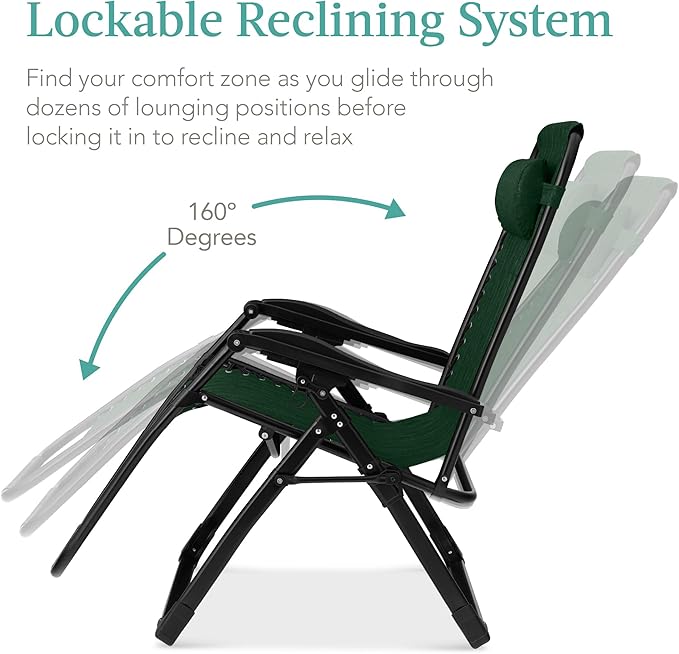 Best Choice Products Oversized Zero Gravity Chair, Folding Outdoor Patio Recliner, XL Anti Gravity Lounger w/Removable Cushion, Cup Holder, Side Tray, 350lb Capacity - Forest Green