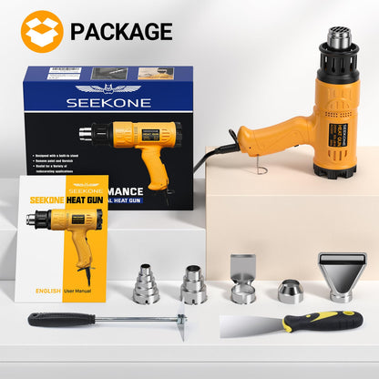 SEEKONE 2000W Professional Hot Air Gun 50℃- 600℃ Variable Temperature Control with 2-Temp Settings, Overload Protection, Double Heating Wire Fast Heating, 7 Accessories for Shrinking PVC