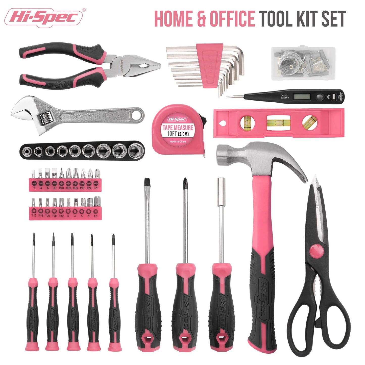Hi-Spec 56pc Pink Home & Office DIY Tool Kit Set. Complete Household Tool Box with Essential Hand Tools Included for Basic Repairs, Maintenance & Home Improvement Projects