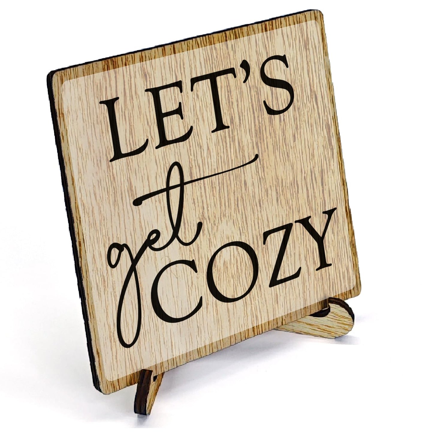 HSIASHENG Best Cozy Wooden Decor 5"X5", Let's Get Cozy Wooden Desk Table Stand Sign Decor for Entertainment Center Living Room, Family Housewarming Stand Sign Gifts for Women Man Couple