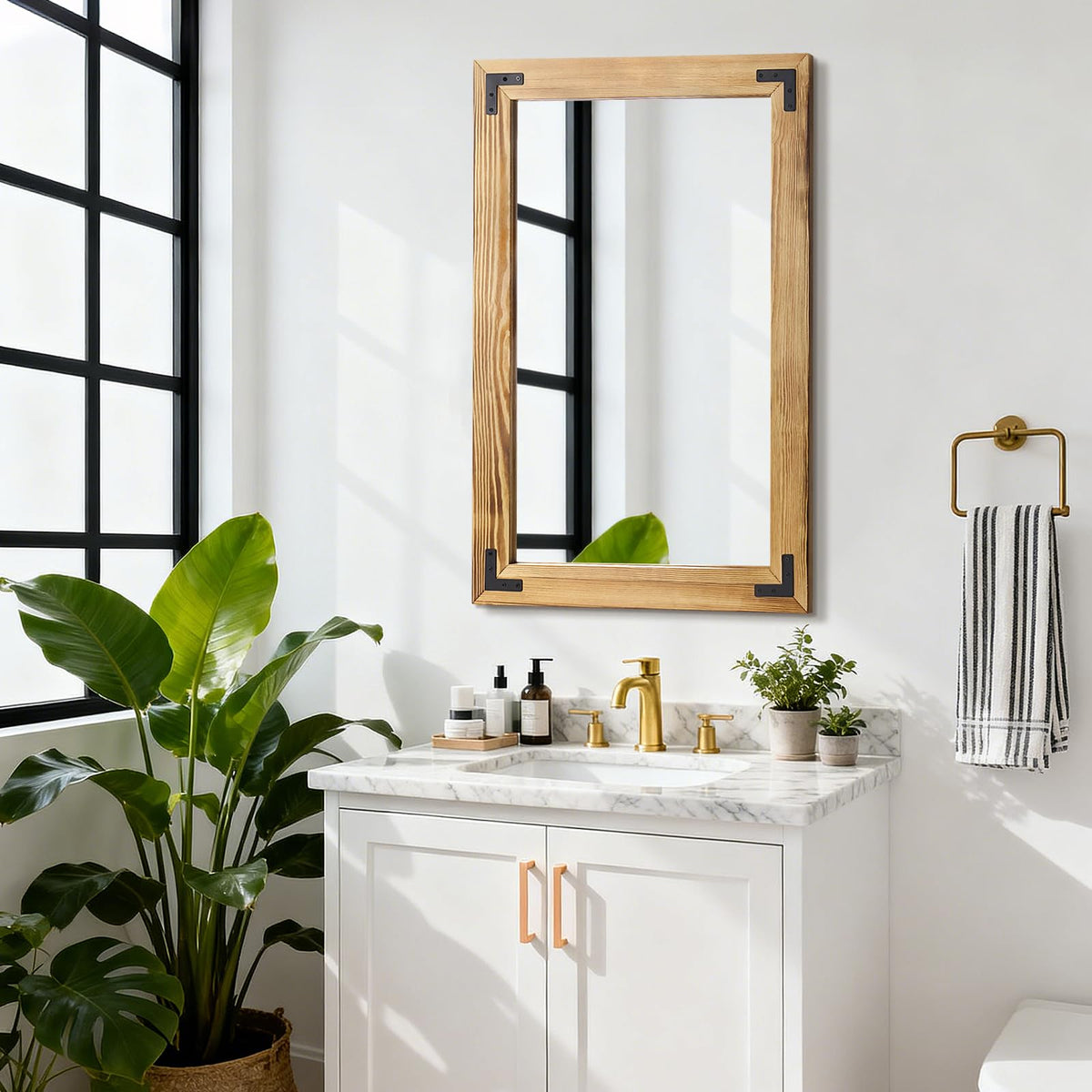 YNCLCS 36"×24" Rustic Wood Frame Mirror for Wall, Natural Bathroom Wooden Vanity Mirror, Solid Wood Frame, Vertical or Horizontal Hanging, Suit for Farmhouse, Living Room, Bedroom (Light Brown)