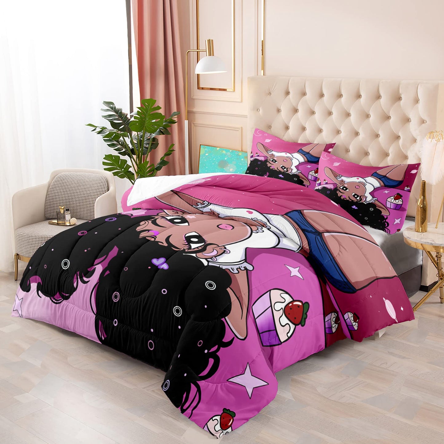 FJKJHKGJ African American Comforter Sets for Girls, Black Girls Kids Comforter Sets 2 Piece Pink Twin Size Bedding with 1 Pillowcase