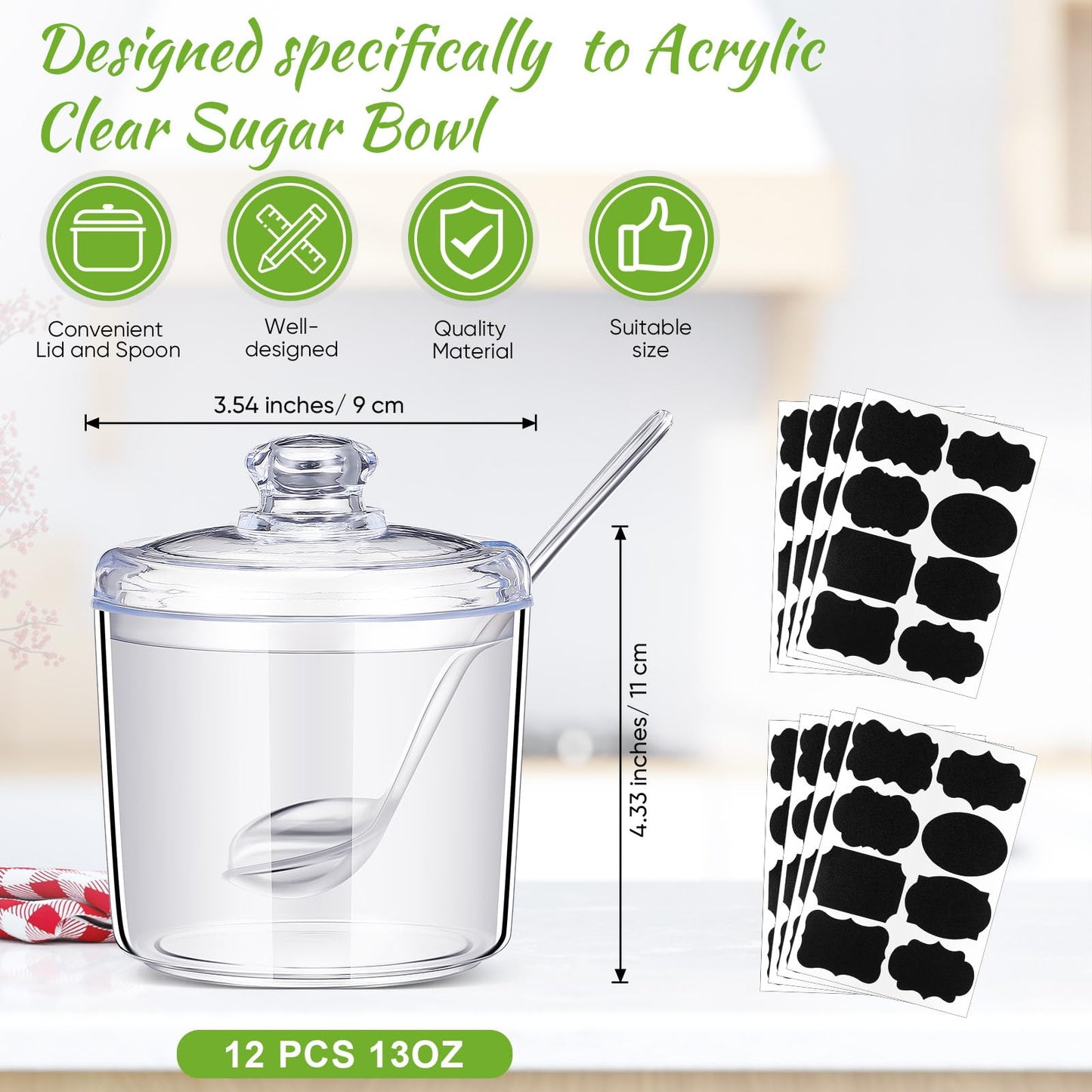 Tioncy 12 Pcs Ice Cream Bar Supplies Sugar Bowls with Lid and Spoon Acrylic Candy Dispenser Party Bar Sundae Caramel Apple Dipping Container with Tag (13 oz,Clear)
