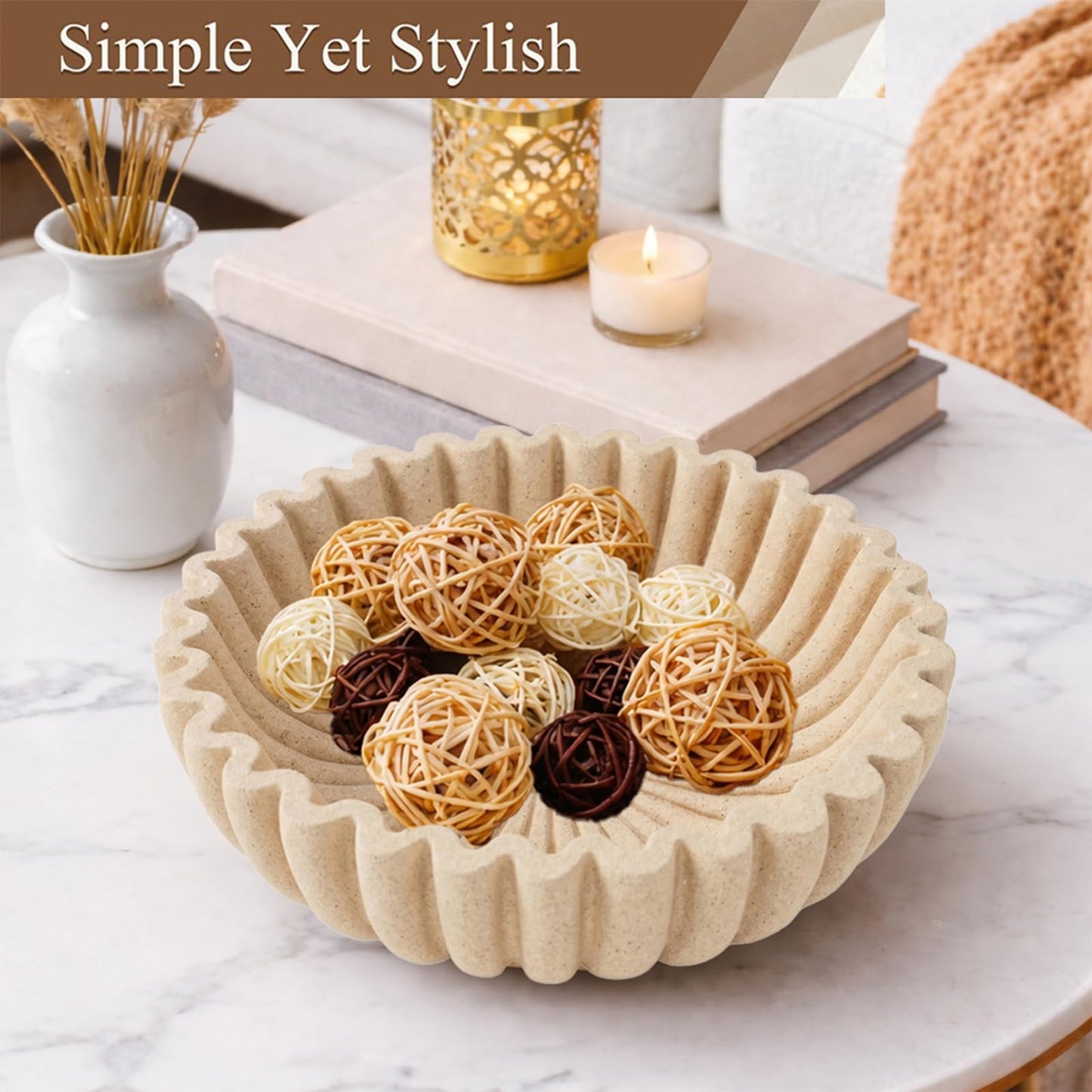 ZJSYTQS Large Modern Ruffle Bowls, Artificial Stone Decorative Catch All Bowl for Kitchen Counter and Entryway Table, Handcrafted Fruit Bowls and Key Bowl for Home Decor(Beige)
