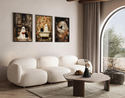 3Pcs Halloween Ghost Wall Art Funny Gothic Moody Ghosts and Black Cat Painting Picture Wall Decor Reading Horror Dark Academia Poster Print Artwork for Bathroom Livingroom Home Decoration noframe