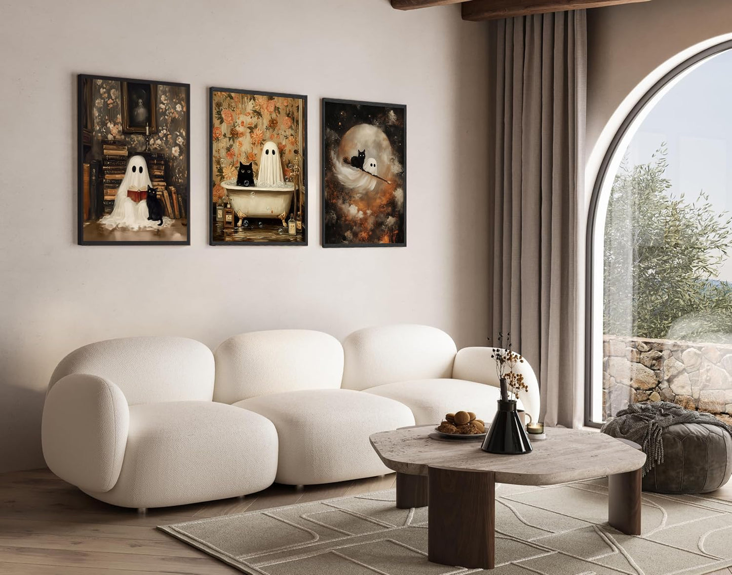 3Pcs Halloween Ghost Wall Art Funny Gothic Moody Ghosts and Black Cat Painting Picture Wall Decor Reading Horror Dark Academia Poster Print Artwork for Bathroom Livingroom Home Decoration Unframed