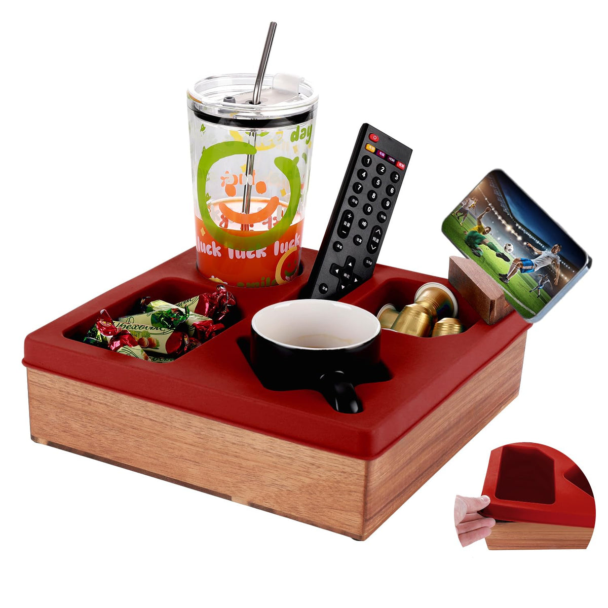 Couch Cup Holder Tray, Silicone Wooden Couch Caddy with Cup Holder for Snacks, Drinks, Remotes, Waterproof Cup Holder for Couch, Organizer, Couch Drink Holder, (red)