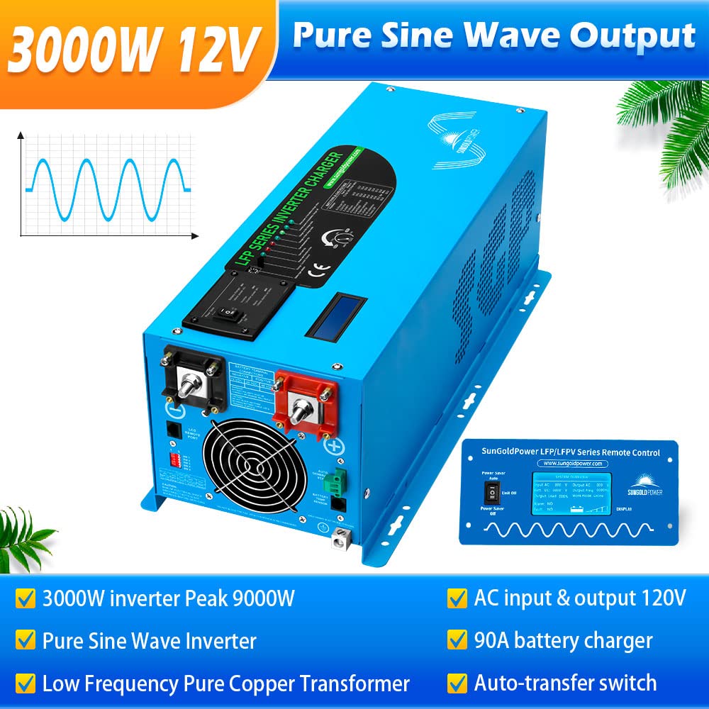 Sungoldpower 3000W DC 12V Peak 9000W Inverter Charger Pure Sine Wave, AC 120V with 90A Battery AC Charger, LCD Display & Remote Control, Low Frequency Inverter, for RV, Trailer, Camper, Home, Boat