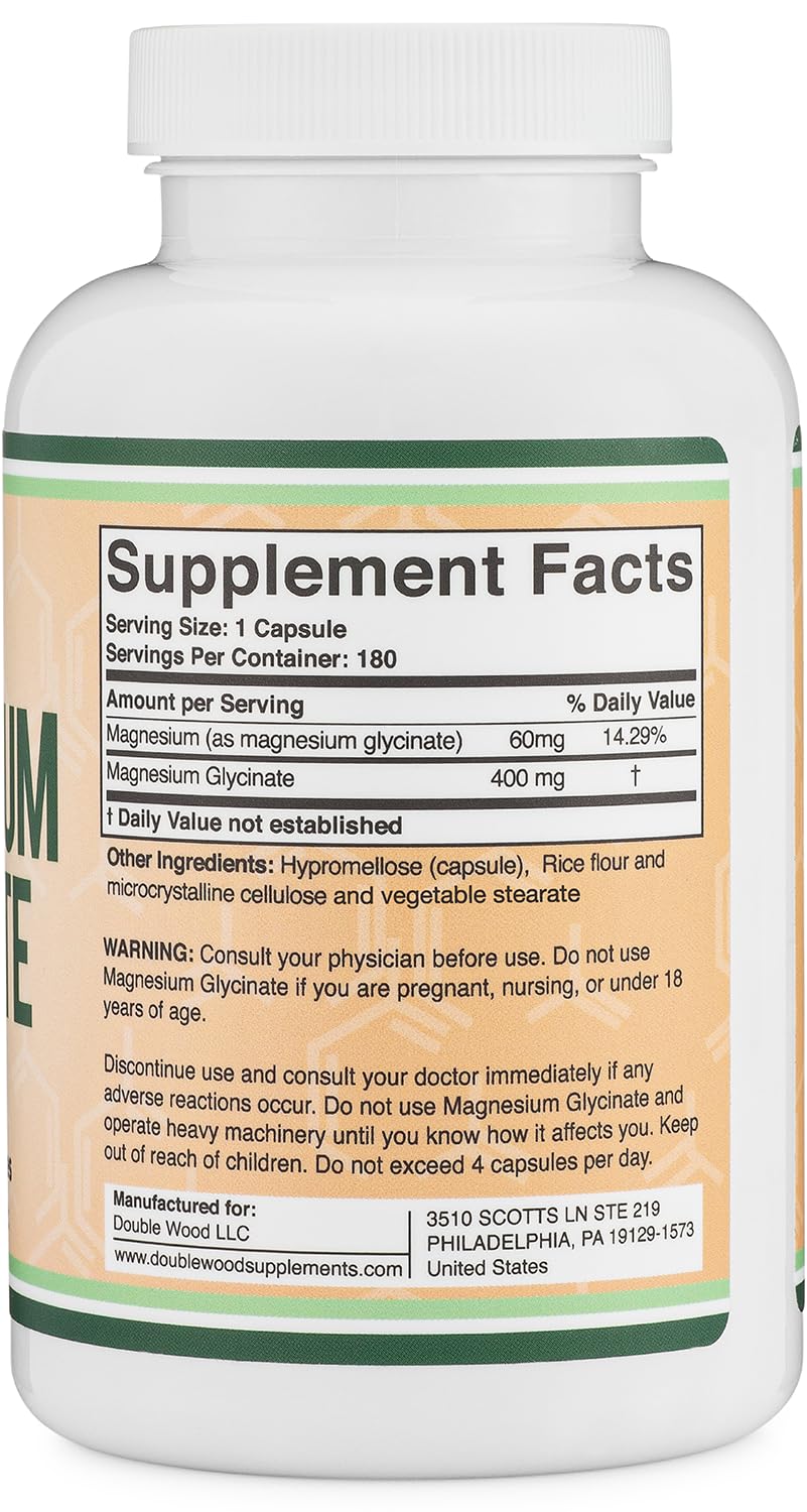 Magnesium Glycinate 400mg, 180 Capsules (Vegan Safe, Manufactured and Third Party Tested in The USA, Gluten Free, Non-GMO) High Absorption Magnesium by Double Wood Supplements