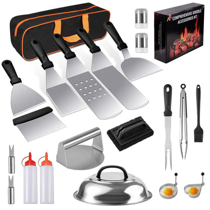 22PCS Griddle Accessories for Blackstone, Flat Top Grill Accessories for Camp Chef, Griddle Spatula Set with Metal Spatula, Enlarged Spatulas, Basting Cover, Scraper for Outdoor Barbecue