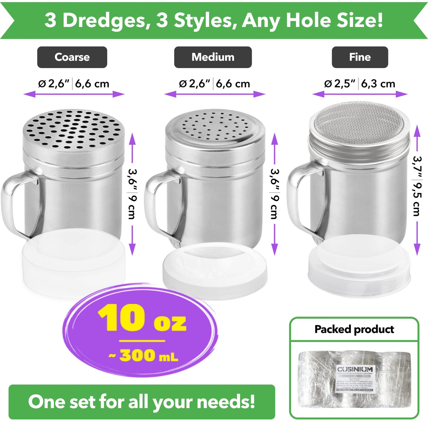 CUSINIUM [Set of 3] 10oz Stainless Steel Dredges With Handle - Fine Mesh + Medium Holes + Large Holes (For Coarse Seasonings)