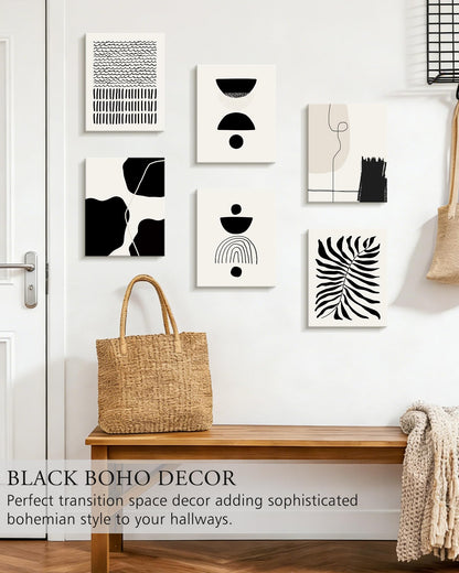 KUVIOKE Black Abstract Framed Wall Art Boho Room Decor Set of 6 Minimalist Geometric Line Art Bohemian Mid Century Modern Prints for Bedroom Living Room 8x10in (Framed)