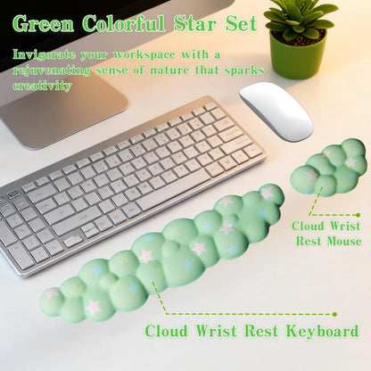 LJYZMD Cloud Wrist Rest Set for Keyboard and Mouse, Includes Cute Coaster, with Computers and Laptops (Green Colorful Star Set)