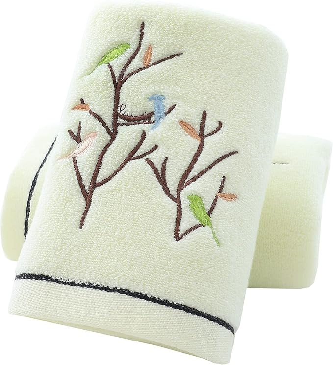 Pidada Hand Towels Set of 2 Embroidered Bird Tree Pattern 100% Cotton Absorbent