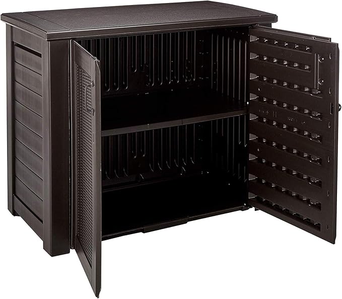 Rubbermaid Decorative Outdoor Storage Cabinet (123 Gal) Weather Resistant Dark Brown Organization for Home/Backyard/Pool Chemicals/Toys/Garden Tools/Porch/Patio Cushions