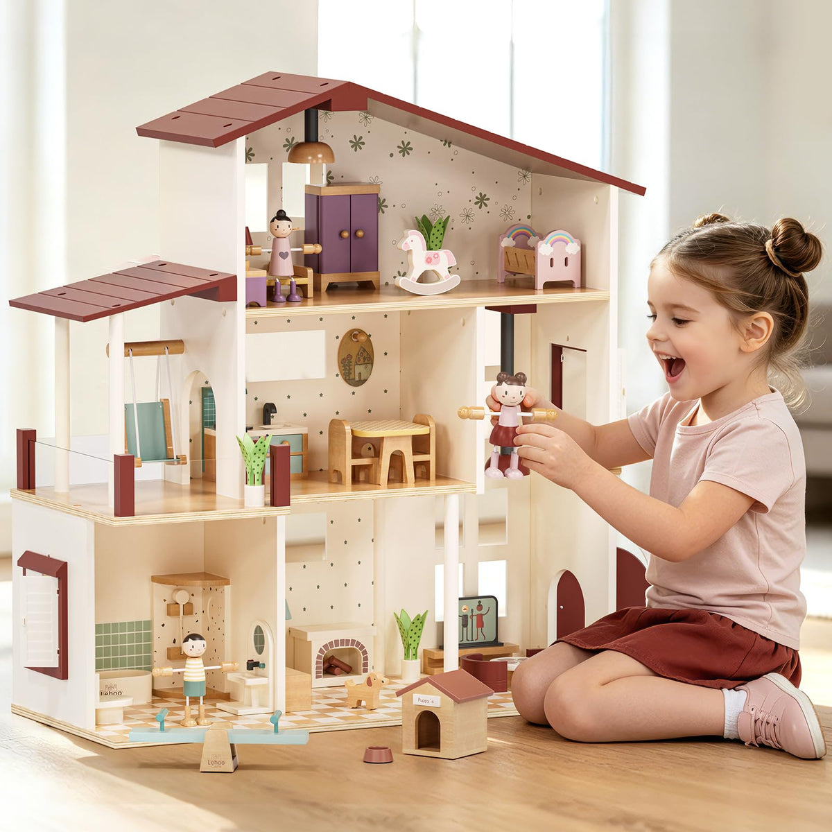 Lehoo Castle Wooden Dollhouse for Girls, Realistic Doll House with 5 Rooms & 38 Accessories, DIY Pretend Play Dream Dollhouse with Doll and Furniture, Ideal Creative Gift for Ages 3+
