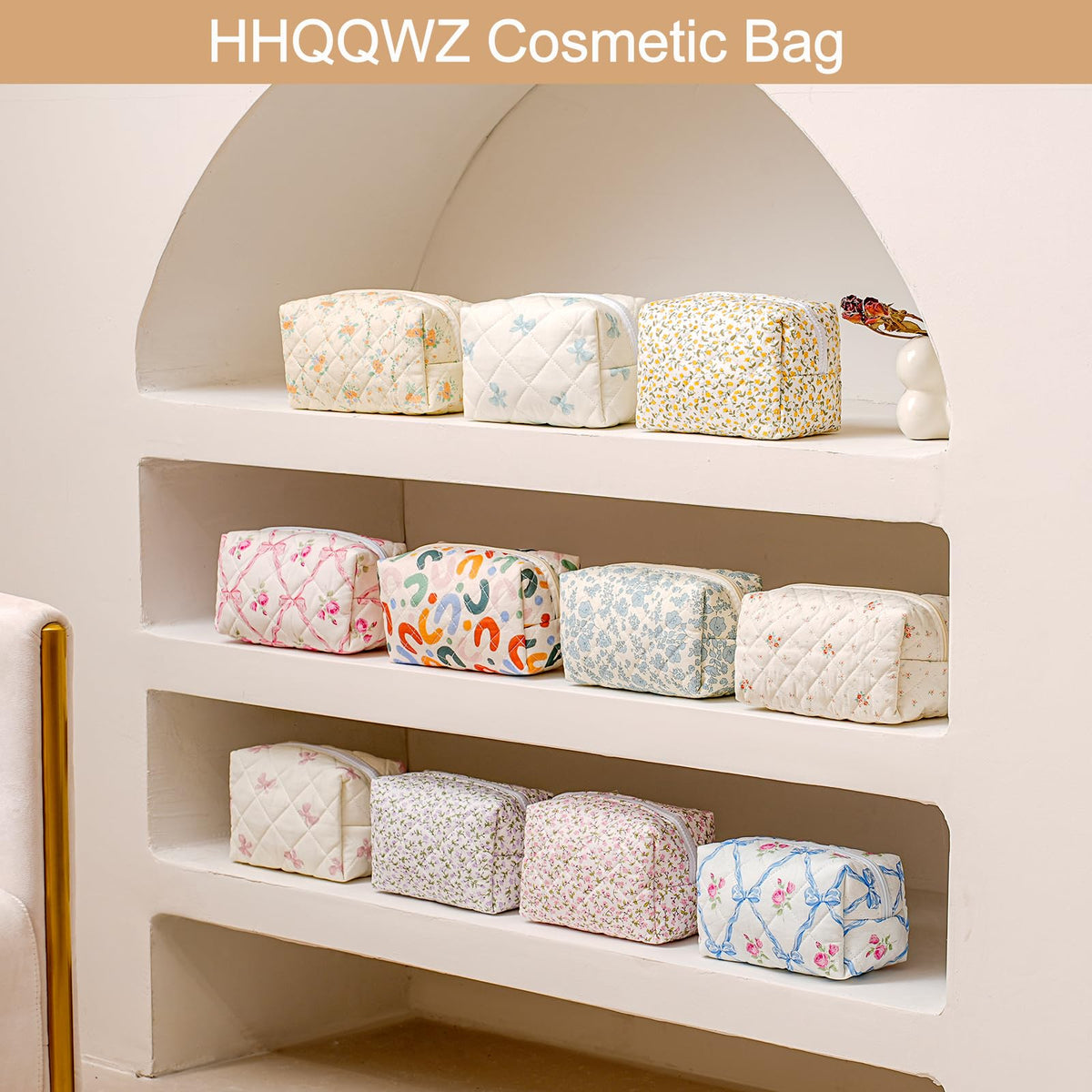 HHQQWZ Makeup Travel Cosmetic Bag, Two Pack: Pink+Blue Floral, Zipper Closure, Durable Polyester, Perfect for Toiletry, Makeup, Travel