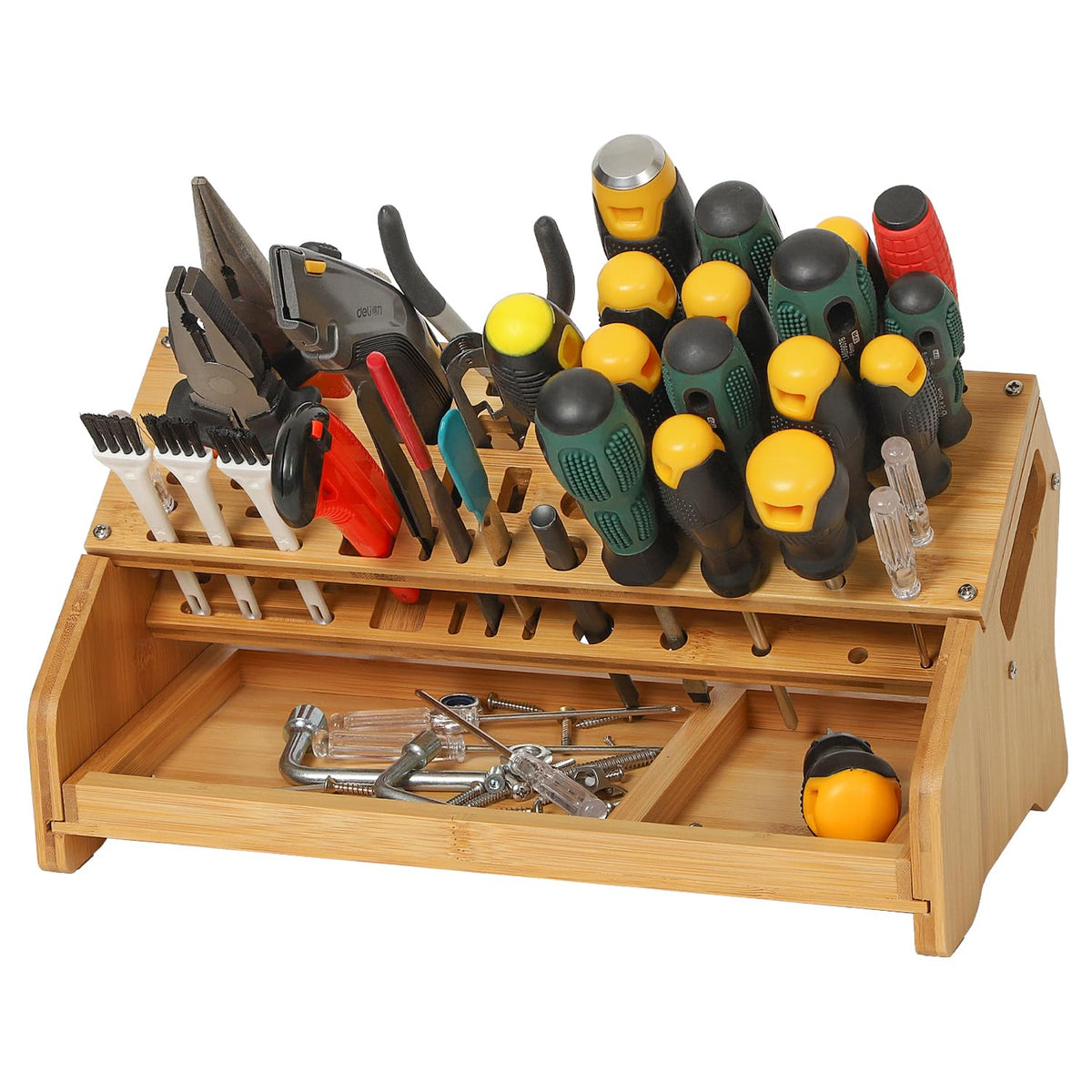 ValuXpro Bamboo Screwdriver Organizer - Tool Storage Organizer Workbench Desktop Rack - Hand Piler Tools Storage Holder -Standard Size