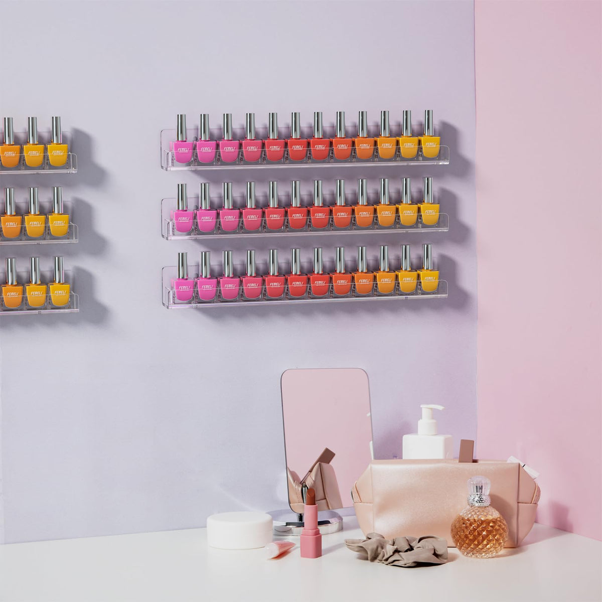 FEMELI Nail Polish Wall Rack: 6 Shelves 15 Inch Clear Acrylic Nail Polish Organizer for 66-90 Bottles Multi-Purpose Acrylic Floating Shelves (15 Inch, Clear)