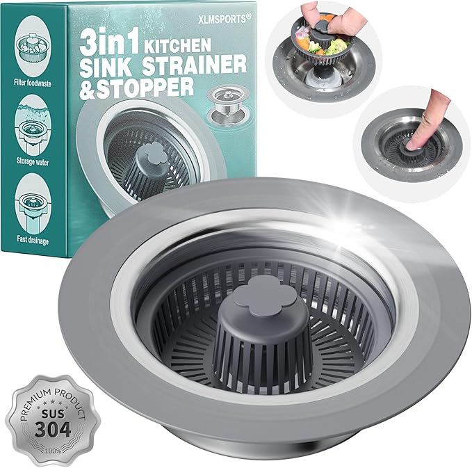 3 in 1 Kitchen Sink Drain Strainer and Stopper, 304 Stainless Steel Pop-up