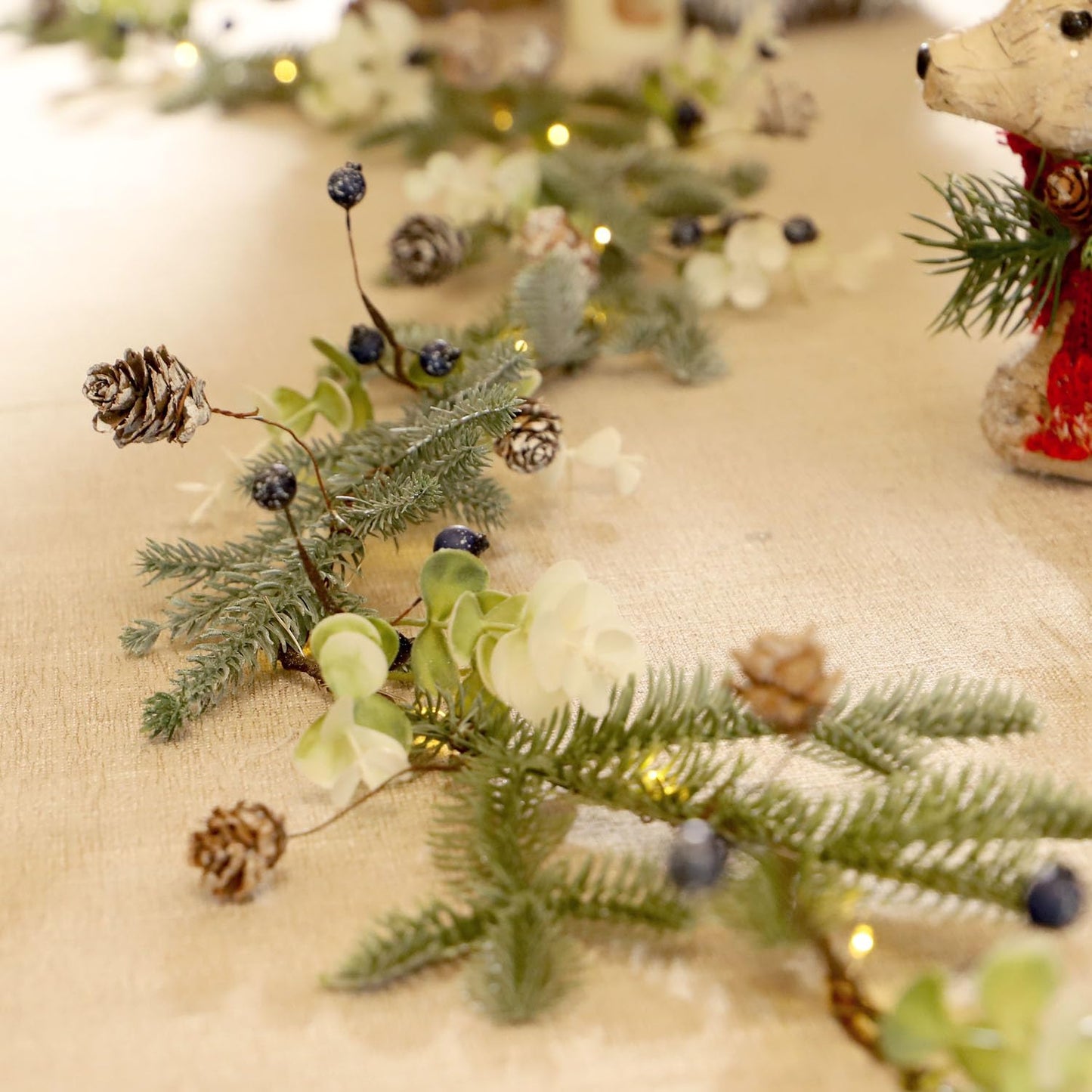 MIYA LIFE Mixed Berry Christmas Garland with Lights - 6.5FT Norfolk Pine Branch with Blueberry, White Flowers & Warm White LED Lights Battery Powered with Remote Ideal Christmas Garland for Mantle
