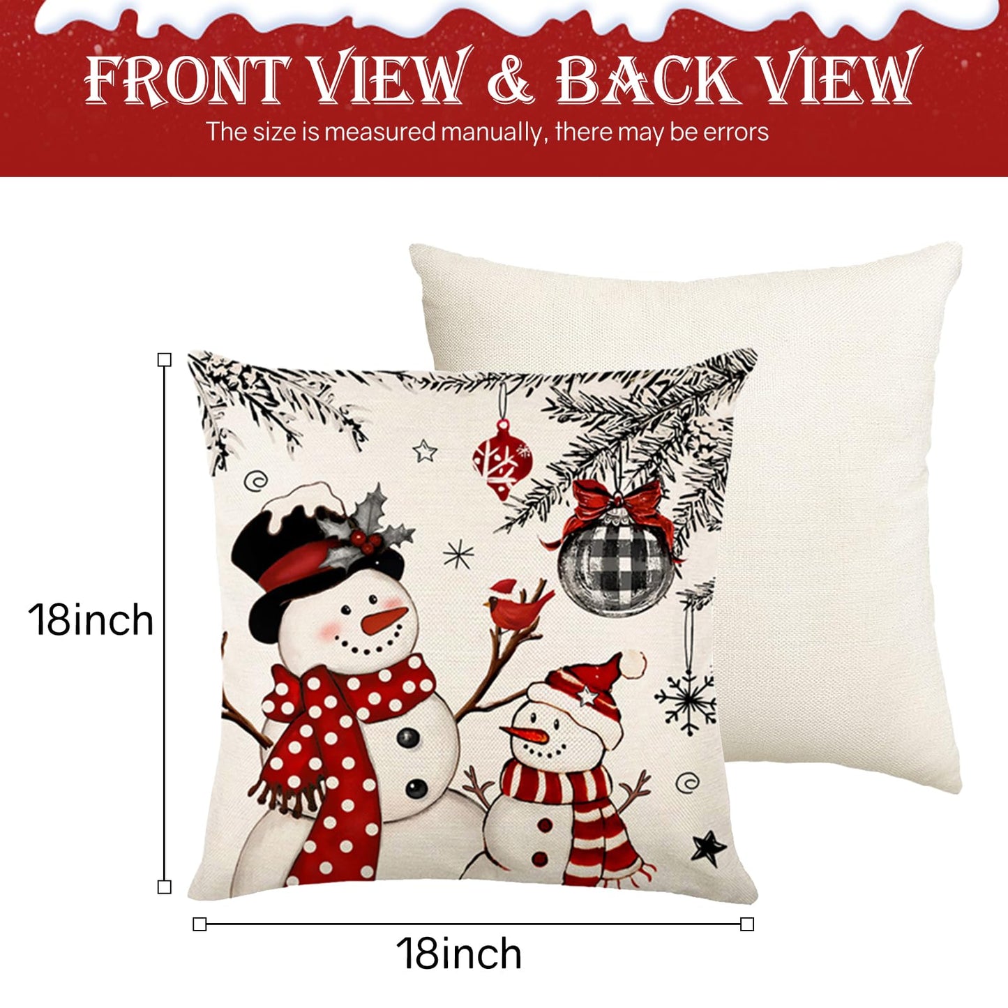 Aursaos Happy Holiday Merry Christmas Plaid Pillow Covers 18x18 Set of 4, Grey Striped Red Buffalo Plaid Snowman Tree Deer Decorative Winter Throw Pillow Case for Couch Sofa Living Room