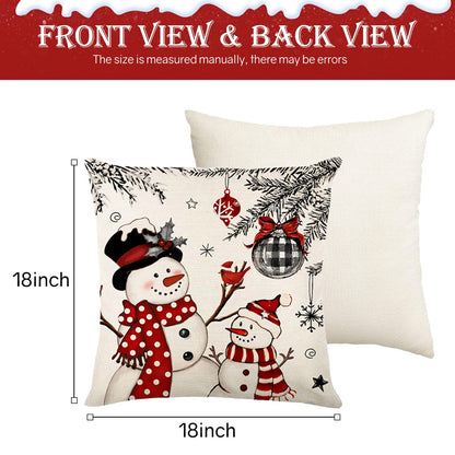 Aursaos Happy Holiday Merry Christmas Plaid Pillow Covers 18x18 Set of 4, Grey Striped Red Buffalo Plaid Snowman Tree Deer Decorative Winter Throw Pillow Case for Couch Sofa Living Room