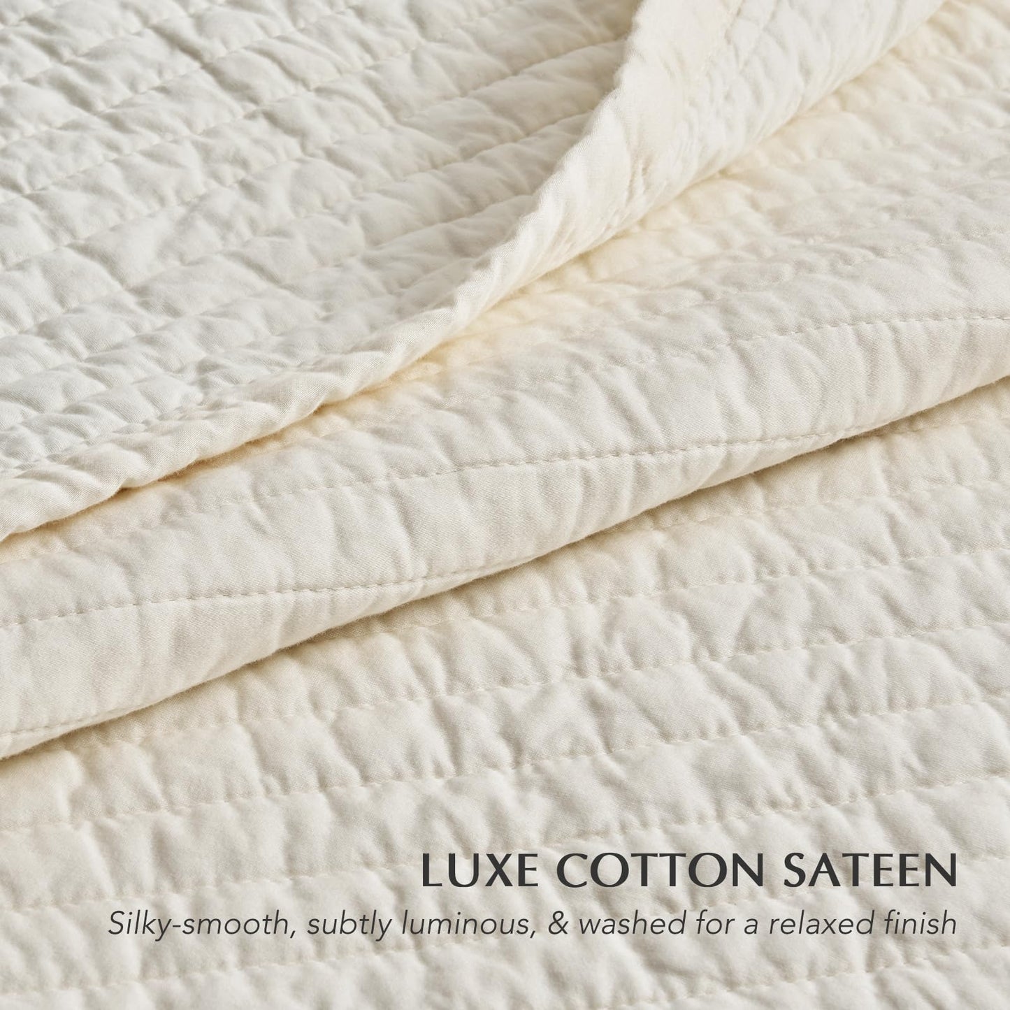 EVERGRACEHOME Cotton Sateen Quilt Set Queen Size, Pre-Washed Cotton Channel Stitch Coverlet Bedspread, 3 Pieces Lightweight Soft Bedding Sets for All Season, with 2 Pillow Shams, Cream