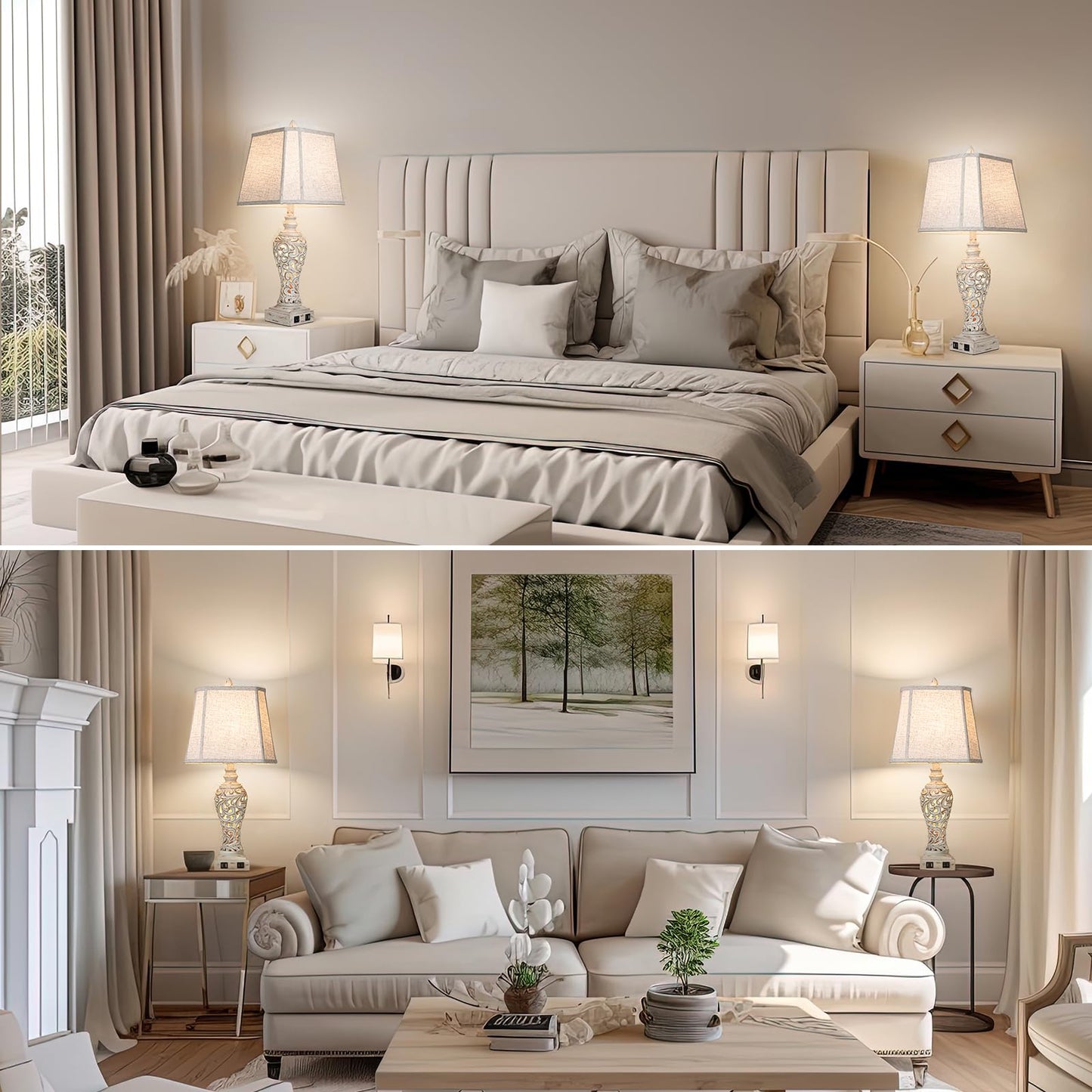 LuxSight Collection 28.5" Table Lamps Set of 2 - Bedside Lamp with Fabric Shades - for Bedroom and Living Room with USB and Nightlight - Perfect for Nightstands and Bedrooms